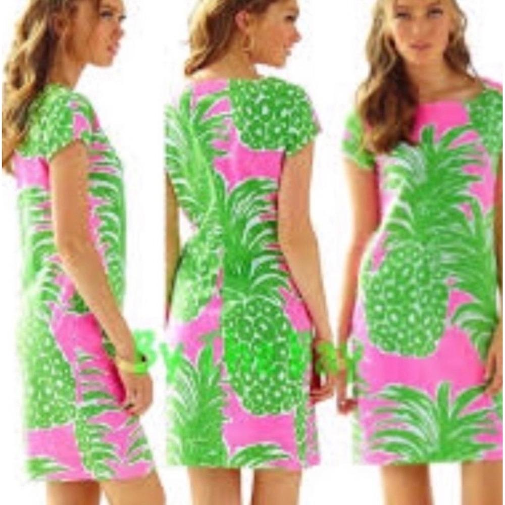 Lilly Pulitzer Pink Pout‎ Pineapple Party Shift Dress Green Pink Short Sleeve XS